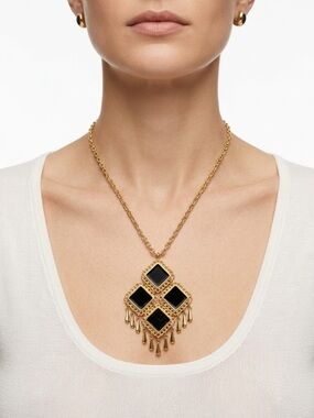 Celebrity NY Gold-Tone Black White Reversable Tile Pendant Necklace